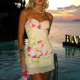 BXOXO Ruffles Print Slim Bodycon Dress Women Strapless Mini 2025 Spring Summer Dress Mesh Niughtclub Sexy Party Dresses